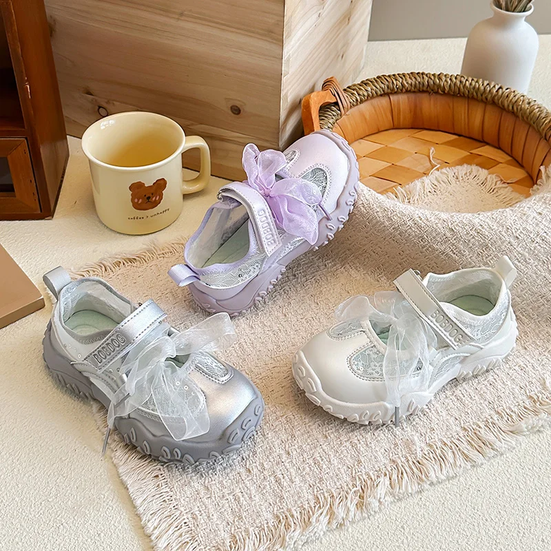 

Girls Mesh Bow Mary Jane Shoes Breathable Anti-collision Closed Toe Soft Non-slip Sole Casual Kids Summer Flats
