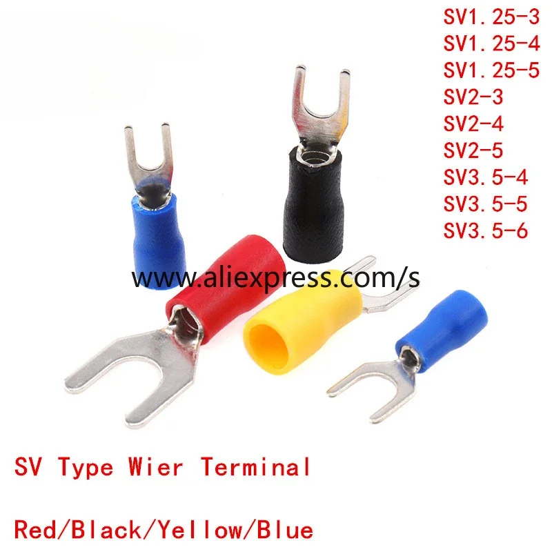 50PCS SV Type Wire Spring Terminal SV1.25 SV2 Fork U Y PVC Insulate Ferrules Block Spade Cold Press Cable End Crimp Connector