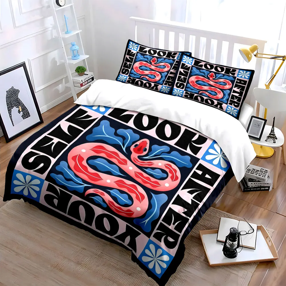 Abstract red snake with blue leaves Print Bedding Set 1 Duvet Cover 2 Pillowcases for Adult and Children Luxury Gift Full Size