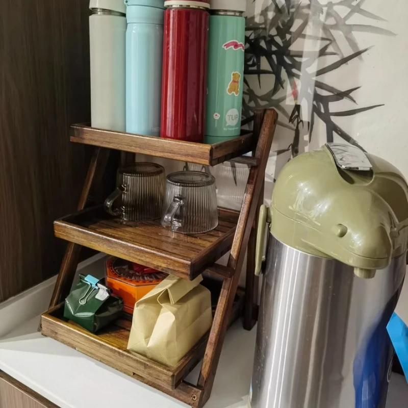 

Solid Wood Kitchen Organizer Shelf Foldable Bathroom Countertop Rack Floor Standing Storage Unit Multi-Surface Desktop Display