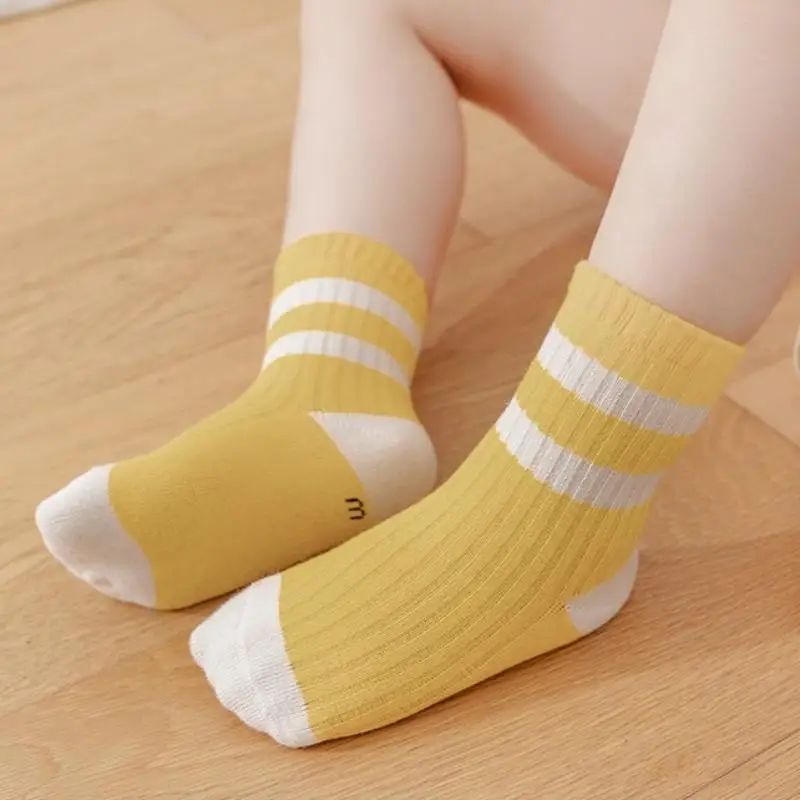 4 Pairs Cute Striped Baby Socks Soft Cotton Breathable Unisex Toddler Calf Socks for Boys Girls 0-11 Years