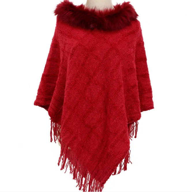 Chenille Wool Collar Cloak Hot Selling Plaid Knitted Shawl Autumn Winter Warm Large Pullover Female Girl Sweater Coat Black