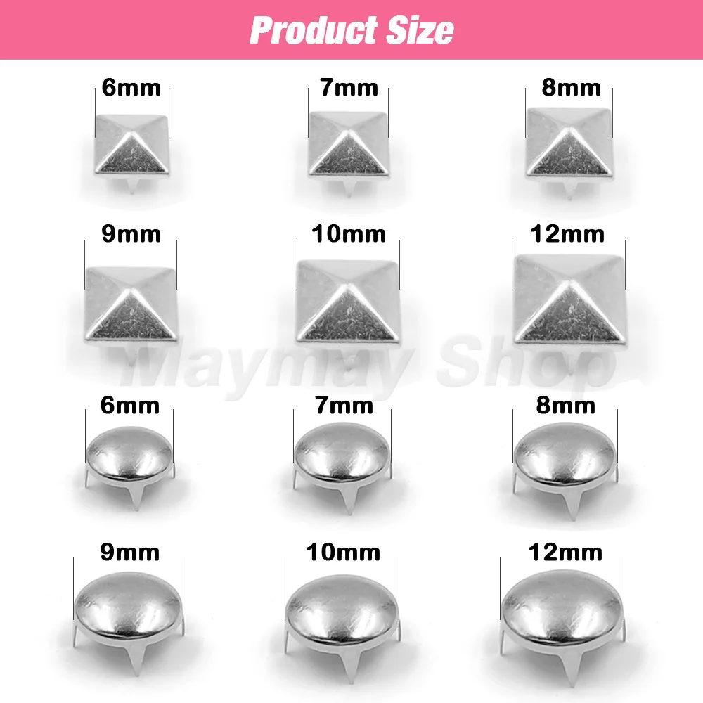 100Pcs 6-12mm Metal 4 Claw Rivets Square/Round Spike Studs Pyramid Rivets For Clothes Shoes Bags Belt Punk DIY Leathercraft