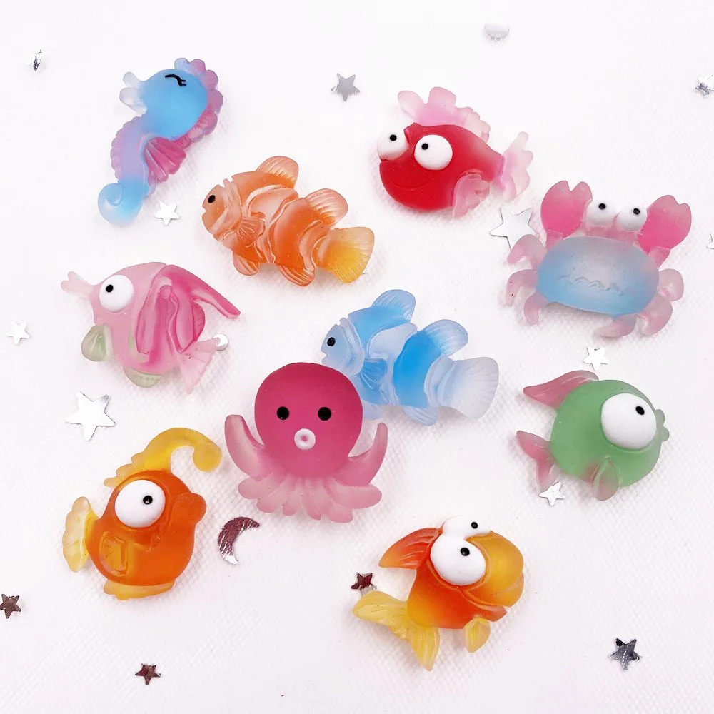 10pcs Colorful Resin Fish Crab Seahorse Squid Styles Ocean Animal Flatback Cabochon Scrapbook Craft DIY Accessory Decor Figurine