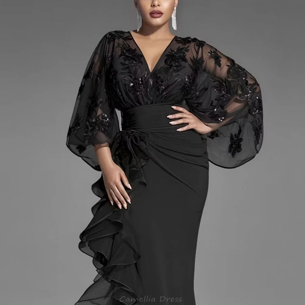 Black V Neck Mother of the Bride Dress Customized Guest Dress Mermaid Lantern Sleeve Party Gown vestido invitada boda