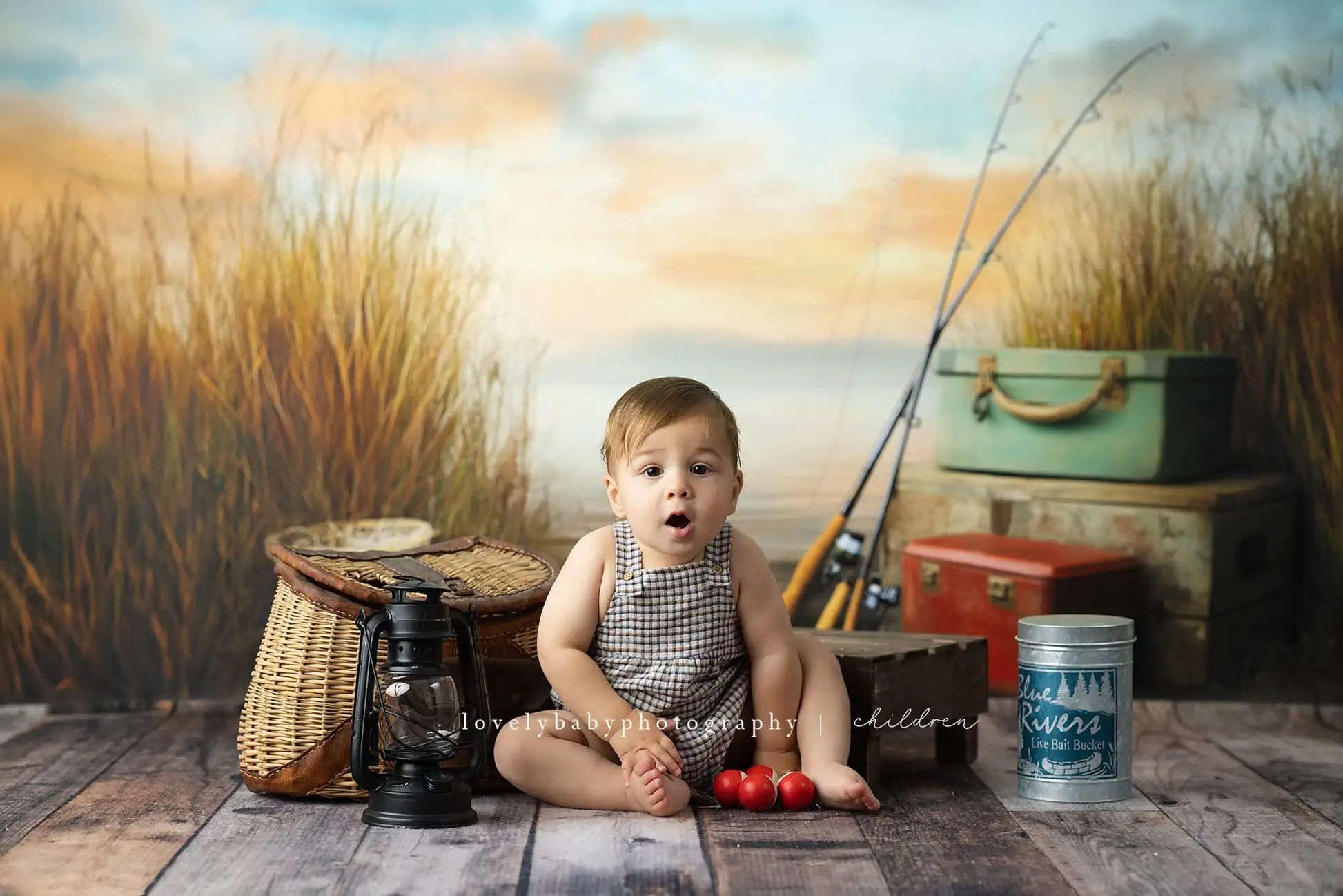 Fishing Lakeside Backdrops Kids Baby Cake Smash 1st Birthday Photography Props Fishing Rod Reed Water Grass Background