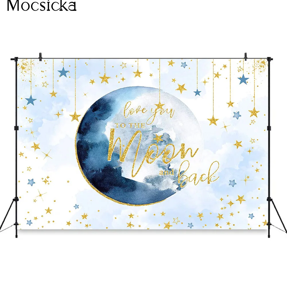 Mocsicka aniversário fundo azul sonhador estrelas lua brilhando ouro decoração menino recém-nascido chá de fraldas bolo de mesa adereços pano de fundo