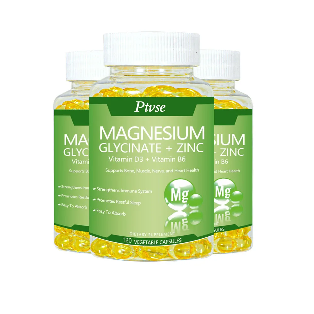 Magnesium Glycinate 500mg kapsul penyerapan tinggi dengan seng, Vitamin D3 B6 dukungan Dietery suplemen stres & kecemasan bantuan