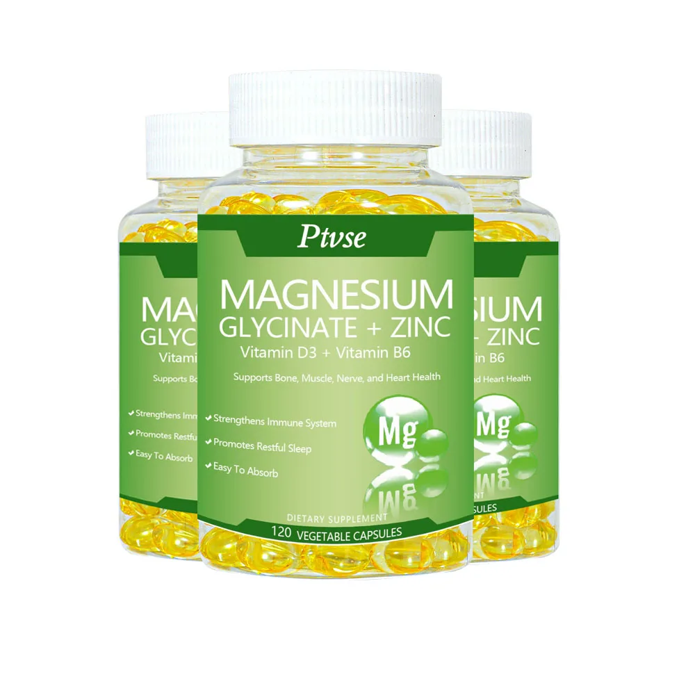 Magnesiumglycinaat 500Mg Capsules Hoge Absorptie Met Zink, Vitamine D3 B6 Ondersteunen Dietery Supplement Stress & Angst Verlichting