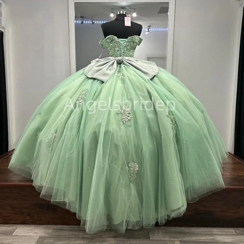 Angelsbridep Sage Green Off Shoulder Mexican Quinceanera Dressess Applique Lace Beads Tull Prom Lace Up Vestido 15 Quinceañeras