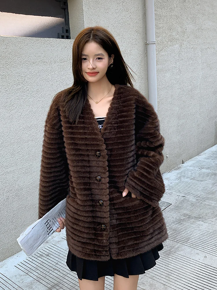 Imitation Mink Fur Coat for Women V-Neck Fluffy Jacket Vintage Luxury Overcoat Eco Fur Casual Clothes One Piece Winter Jacket