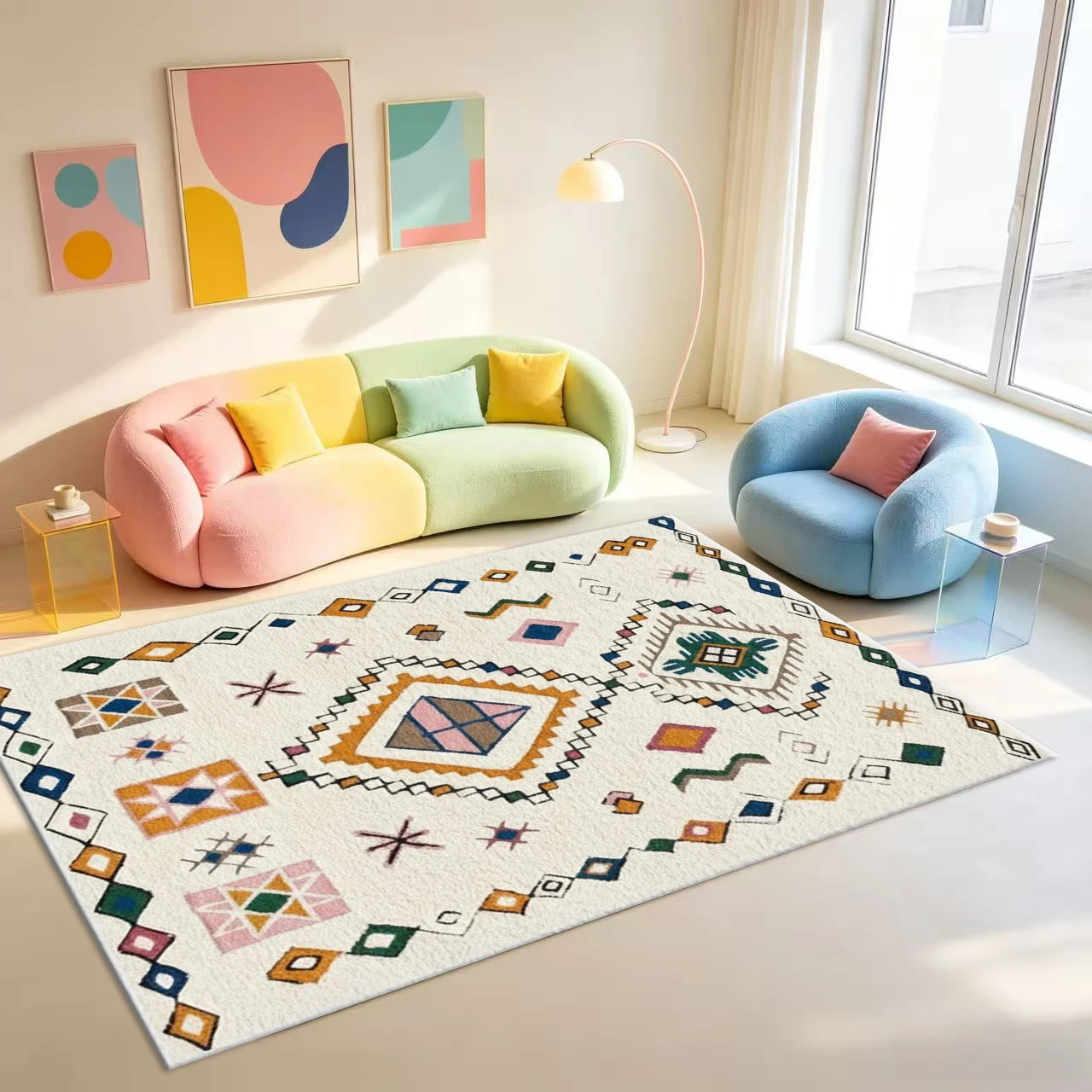 Bohemian Geometric Pattern Area Rug Ethnic Tribal Style Floor Carpet for Living Room Bedroom Home Decoration