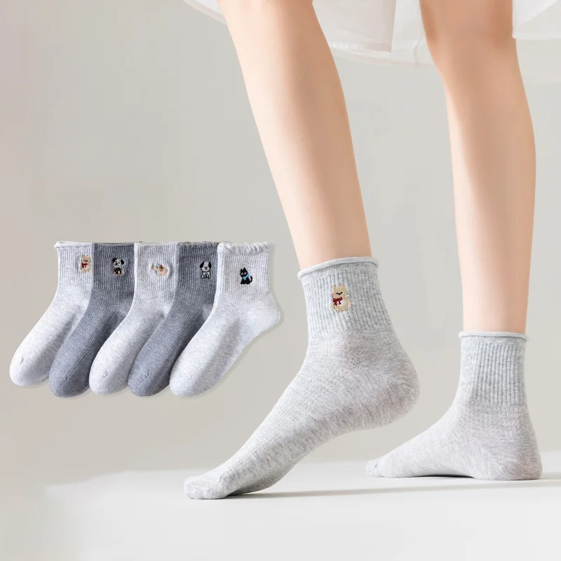 Damen-Crew-Socken aus Baumwolle mit floralem Spitzenbesatz und niedlicher Tierstickerei, atmungsaktive, niedrig geschnittene Socken (EU 35–40), 1/3/5 Paar Packung