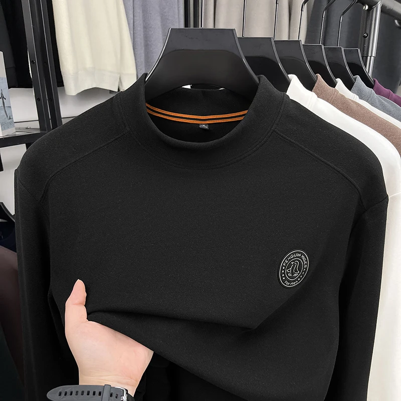 Sweater Lengan Panjang Semi High Neck Beludru Jerman untuk Pria, Kemeja Dasar Hangat Beludru Dua Sisi, Lapisan Dalam Berbulu