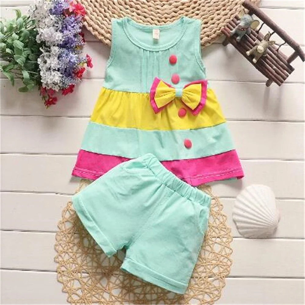 baby summer girls set fashion bow suits cotton vest + shorts 2pcs outfits girls kids clothes for infant newborn cute set