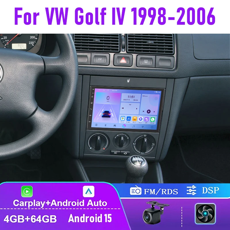 

7" 4+64GB For VW Golf IV 1998-2006 Car Radio Carplay Android Auto Steering Wheel Control 2DIN GPS Navi Rear Camera FM