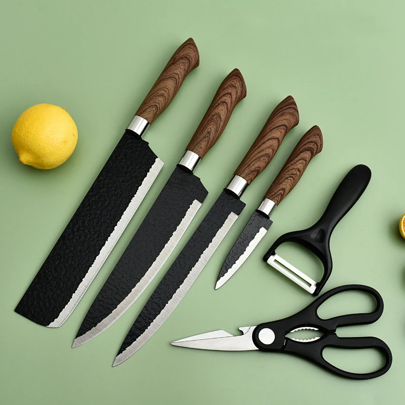 

6PCS Forged Kitchen Chef Knife Set Stainless Steel Meat Fish Fruit Knife Ceramic Peeler Kitchen Scissors Butcher Cleaver Knives