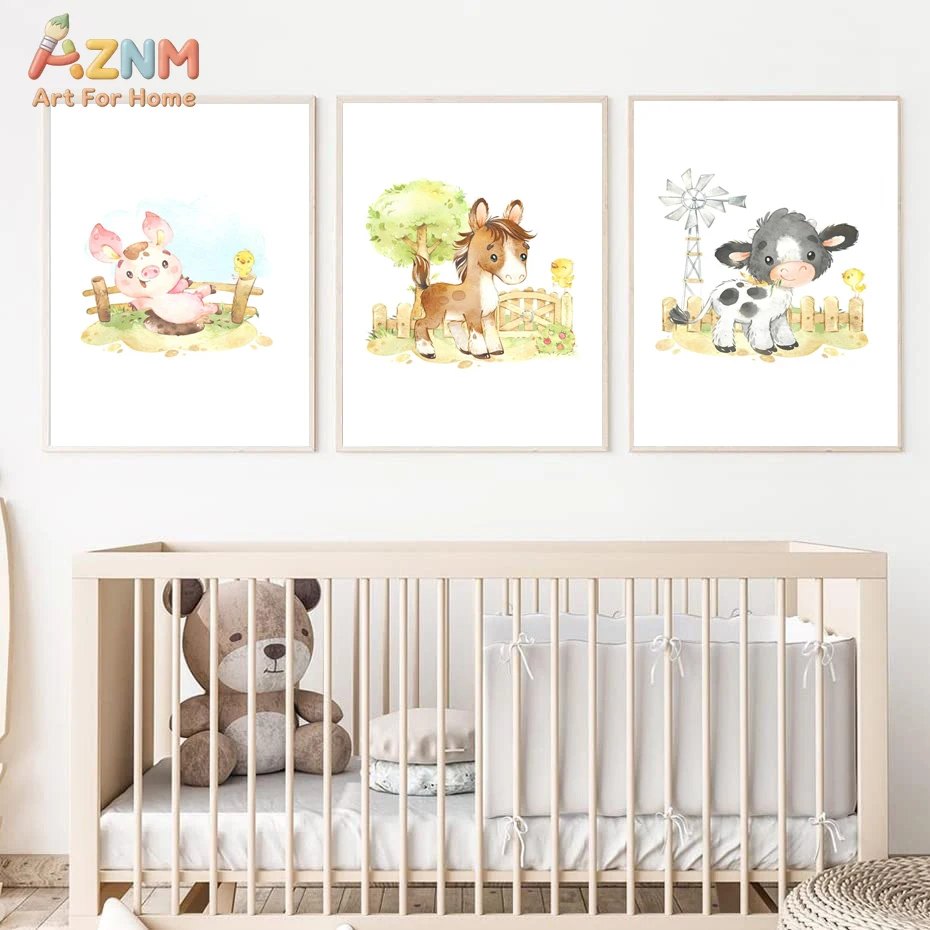 3PCS Watercolor Farm Animals Canvas Wall Art Prints Set, Cute Pig Horse Cow with Little Duck Nursery Decor Posters, No Frame Sof