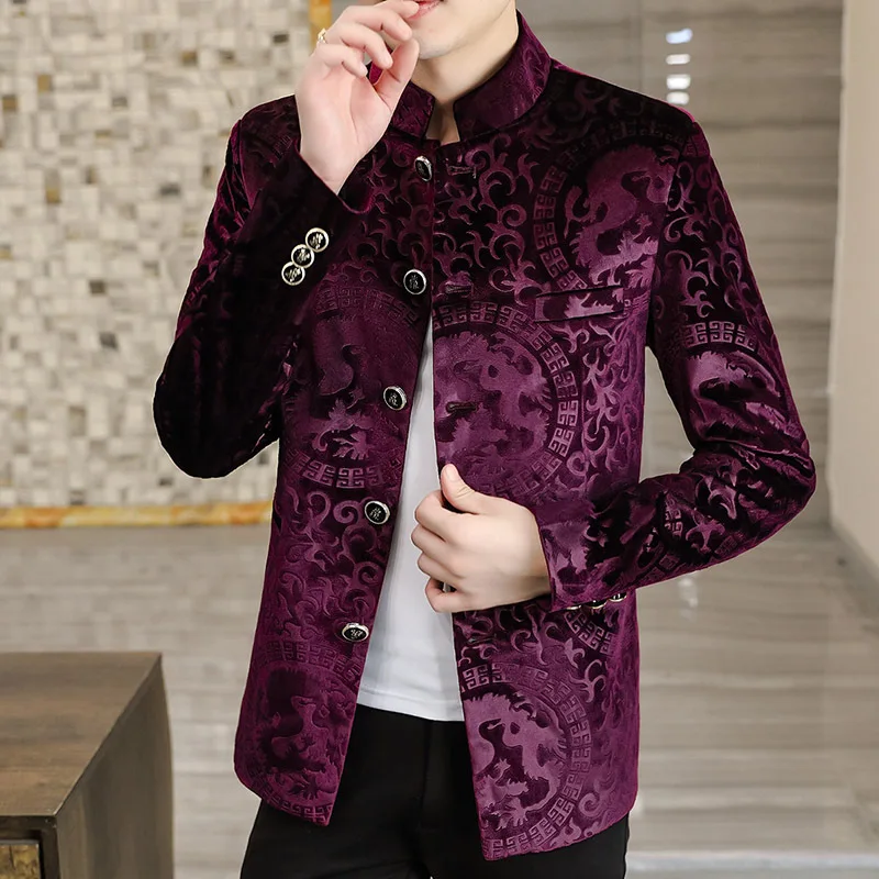 2024 Men\'s Spring New Gold Velvet Casual Printed blazer Youth Stand-up Collar All-Match Fashion Multi-Button   blazers