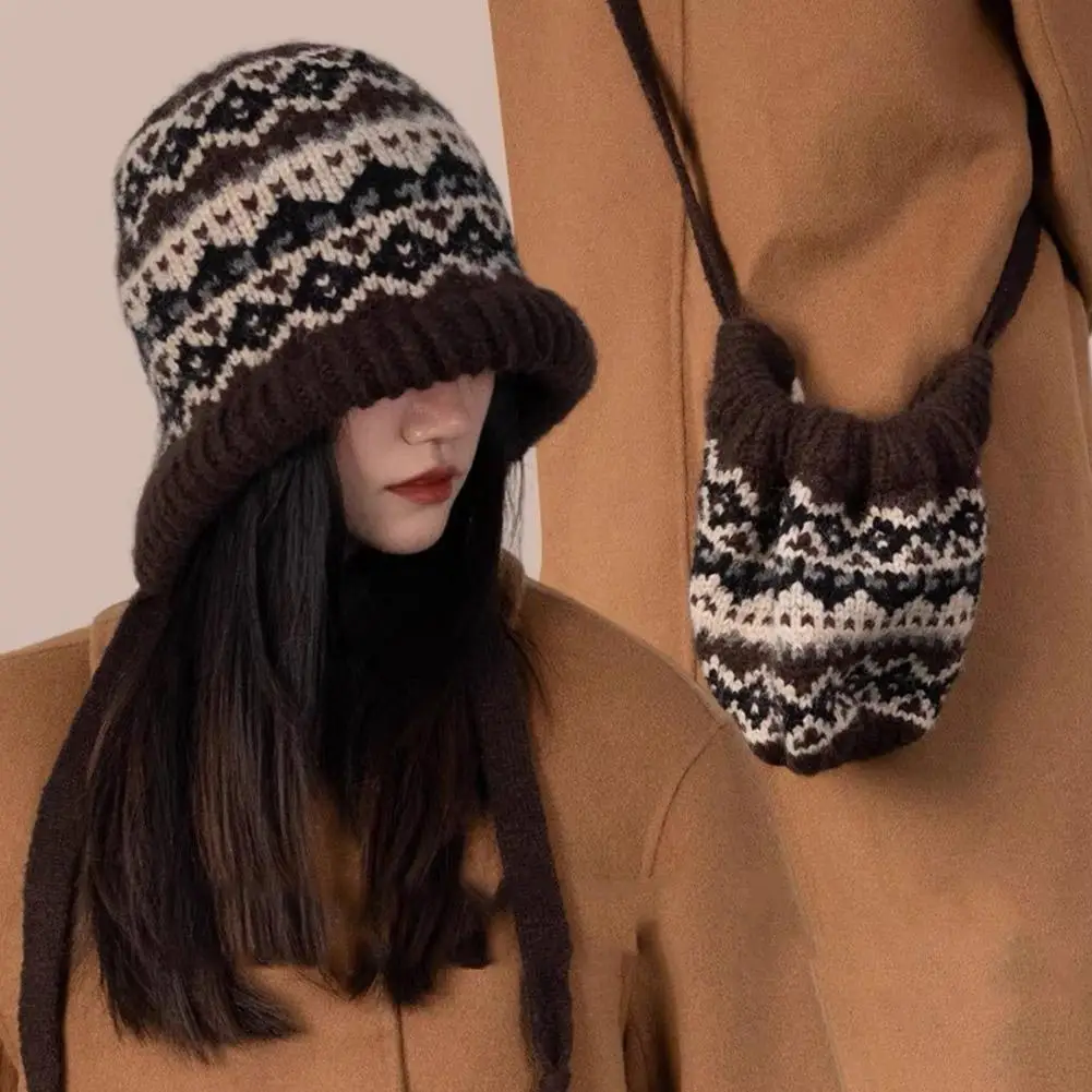 New Women Ethnic Style Striped Spliced Knitted Woolen Hat for Autumn and Winter Thickened Warm and Cold Resistant Ear Protection