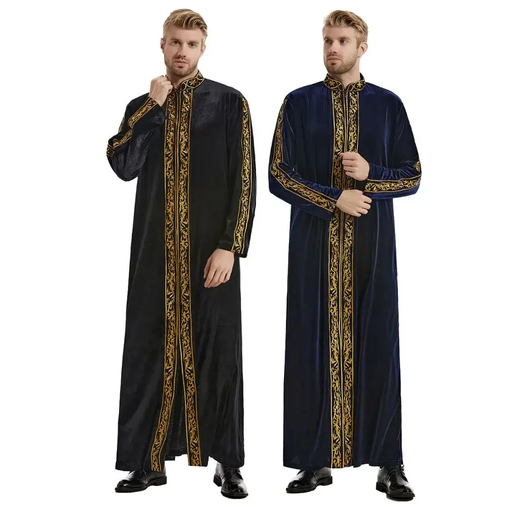 

Men's Long-Sleeved Robe, Muslim Robe, Gold Velvet, Embroidery, Arabian, Islamic Prayer Dress, National Costume, Noble, Luxury, T