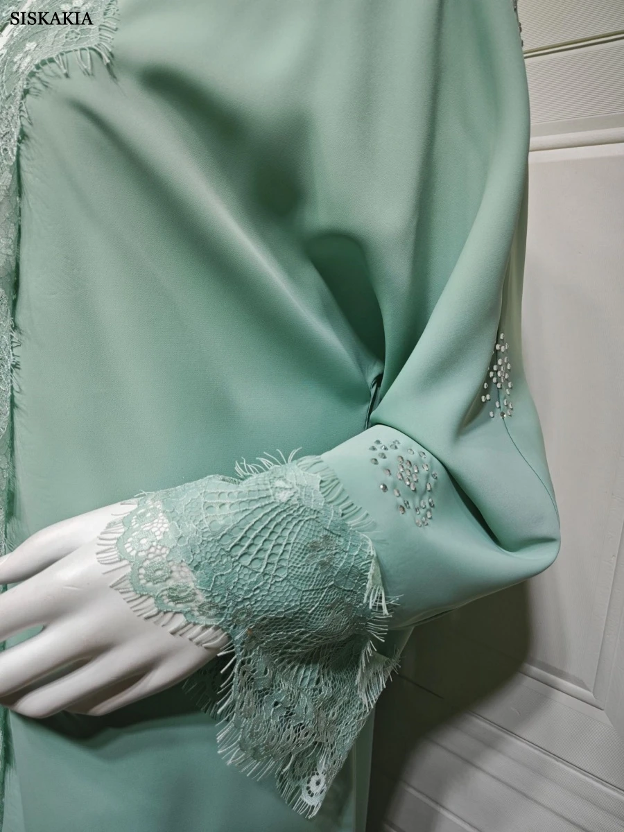 Siskakia جديد جبر الدانتيل يزين فستان موضة الصلبة عباية مفتوحة المغربي مسلم ملابس حريمي أنيقة