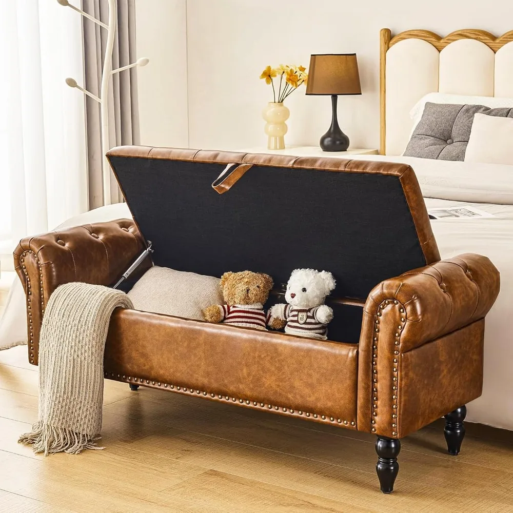 

Storage Bench - 2.5 cu ft Upholstered Ottoman with Rolled Arms for Bedroom & Living Room