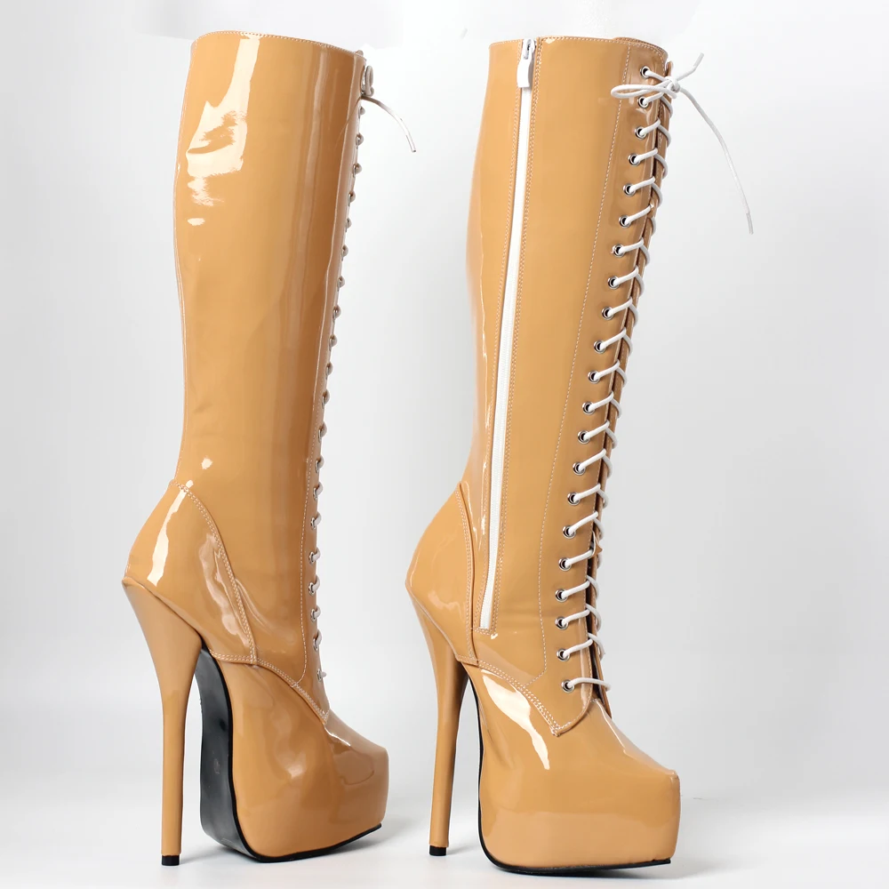 18 CM High Heel Platform Knee Boots Lace Up Sexy Stiletto Heels Toe Unisex Shoes Plus Size