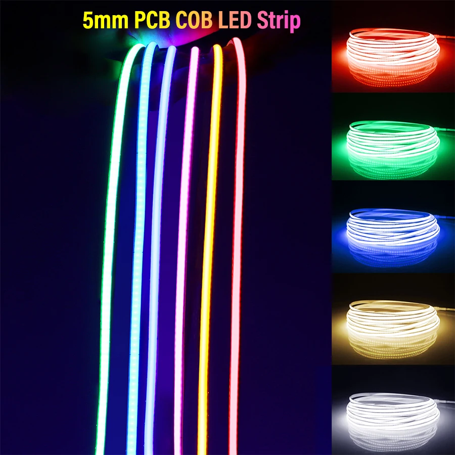 Tira de luces LED COB de 12V y 24V, cinta luminosa Flexible de 3mm, 5mm, 8mm y 10mm de ancho RA 90 de alto brillo, color azul hielo, blanco, rojo,