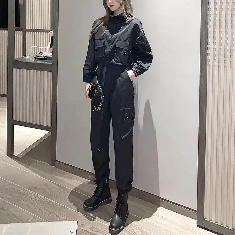 Single Set Female Cool girl Wearing Motorcycle Style Jacket top With Work Pants 2024 Early Autumn New Dark Style Women Clothing