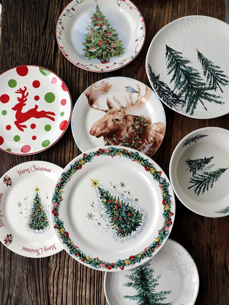 

New Christmas series exported to the United States ceramic tableware large and small plates elk Christmas tree pattern tableware