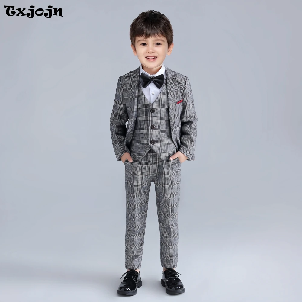 2025 Hot Sale Boys Suits 4 Pieces Jacket Vest Pants Bow-tie Formal Comfortable Kids Plaid Suit Set In Stock For Birthday Party