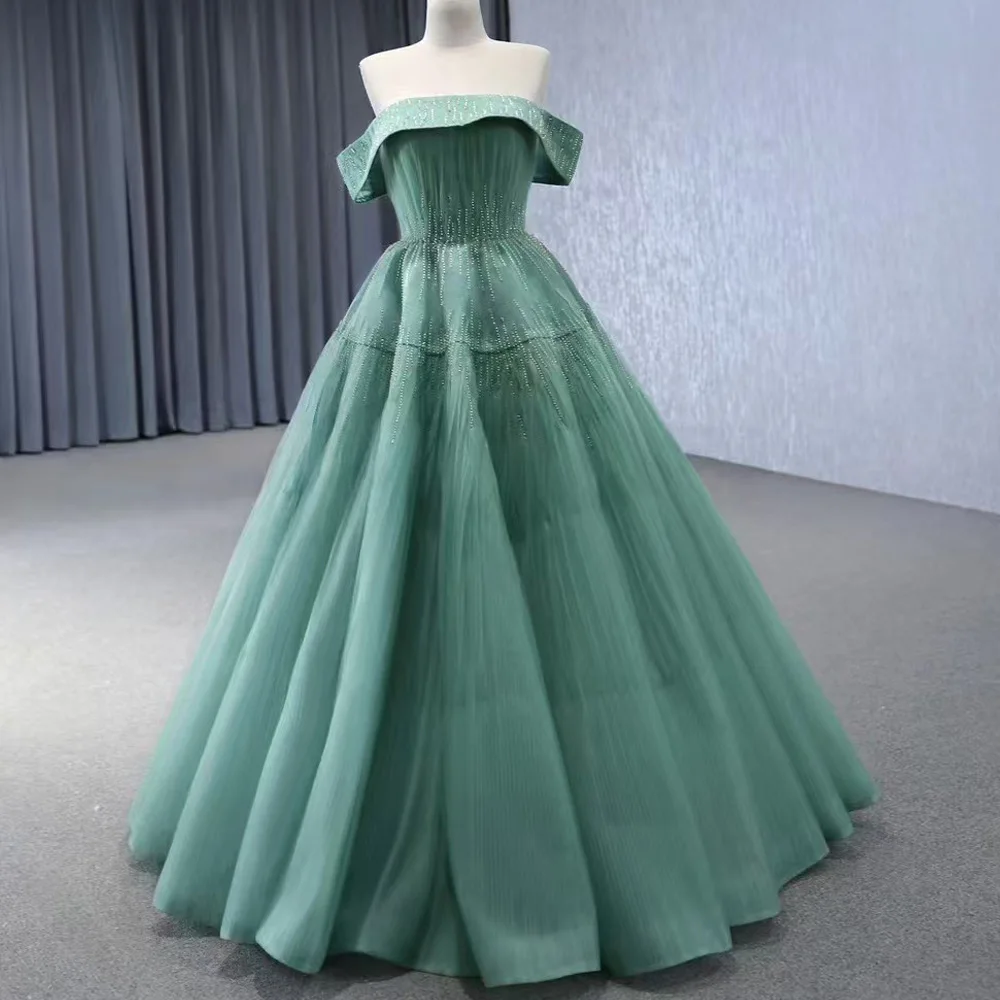 

Green Strapless Off-Shoulder Evening Dress Lace-Up Back Robe De Soirée with Pearls Customizable Special Occasion Gown