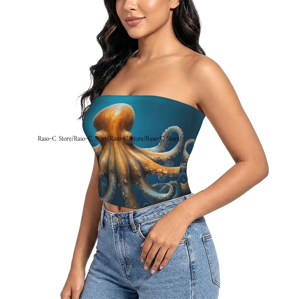 Tops sexys sin tirantes para mujer, ropa de verano, top corto con hombros descubiertos y diseño de pulpo en el mar azul profundo