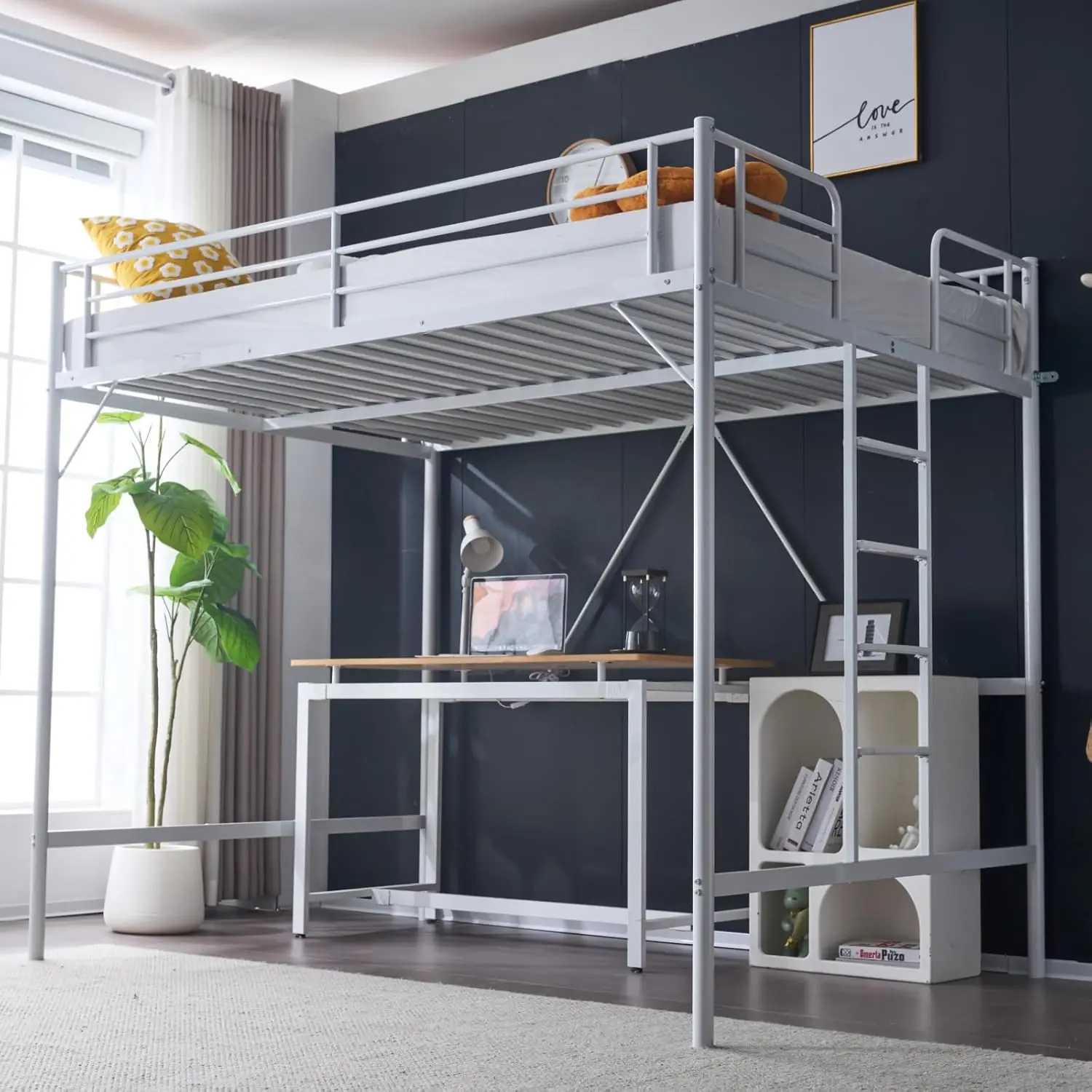 Loft Bed Full Size With Flat Rungs For Adults, Kids And Young Teens, No Box Spring Required,Heavy Duty Metal Slat Support,White