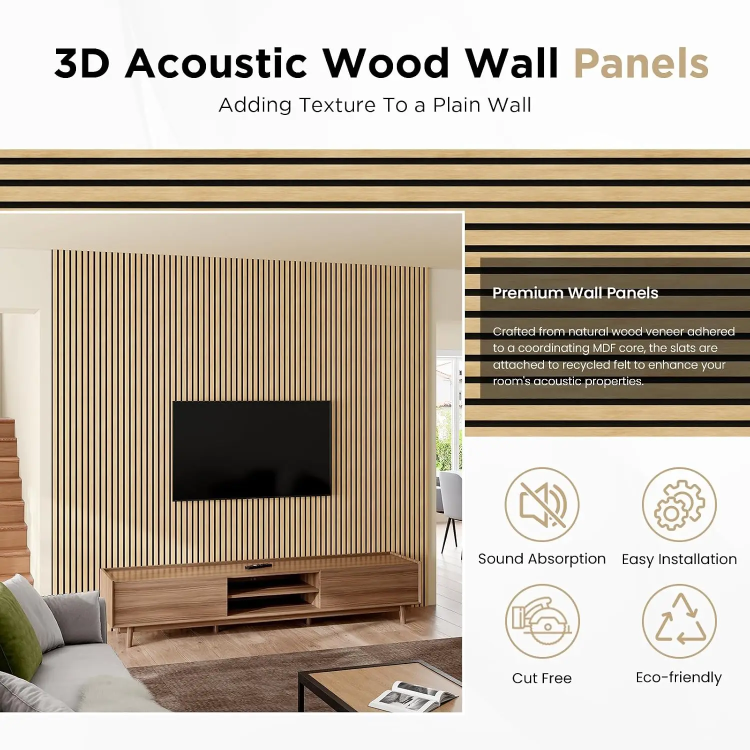 Paneles Acústicos de Listones de Madera, Paquete de 2, 94"x23.6", Roble Blanco, Reductor de Ruido y Absorbente de Sonido para Hogar, Estudio u Oficina