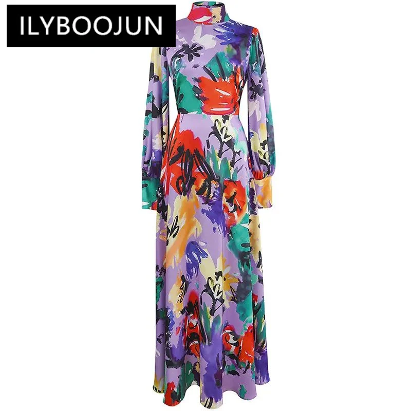 

ILYBOOJUN Autumn Fashion Designer VintagPrint Party Dress Women's Stand Collar FrenuluLong SleevHigh Waist SliLong Dress