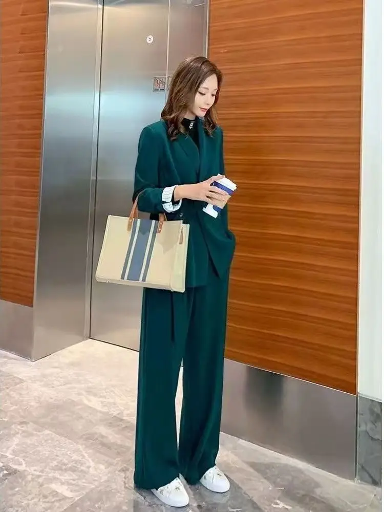 

Весенне-осенний свободный костюм с широкими брюками, высокой талией и длинными рукавами в корейском стиле, модный комплект больших размеров для женщин
