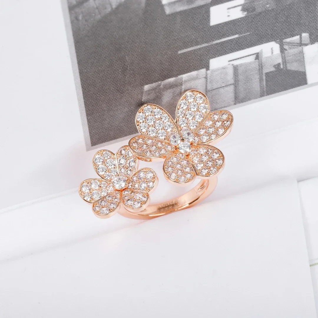 Top Quality Rose Gold Silver Clover Flower Open Ring Woman Fine Luxury Jewelry Trend