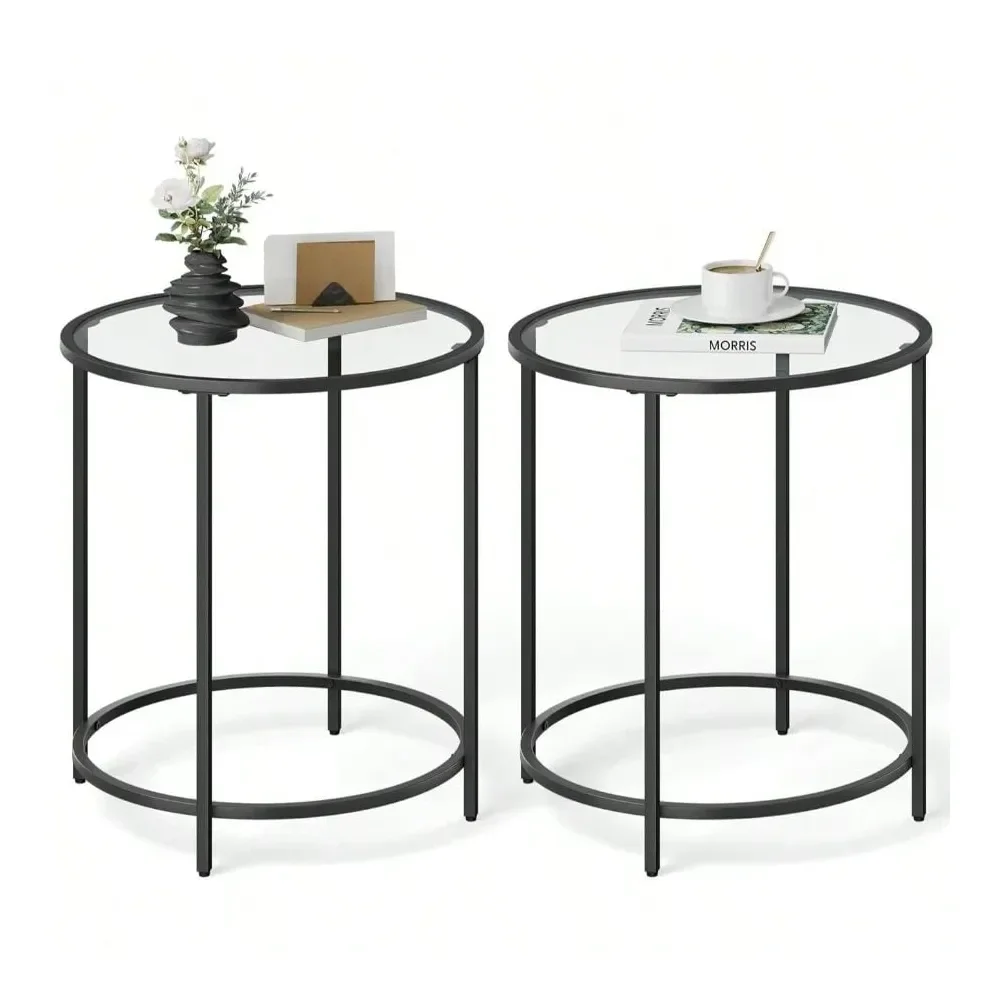 

Round Side Tables, Set Of 2, Glass End Tables With Metal Frame, Black Coffee Tables With Modern Style, For Living Room, Balcony