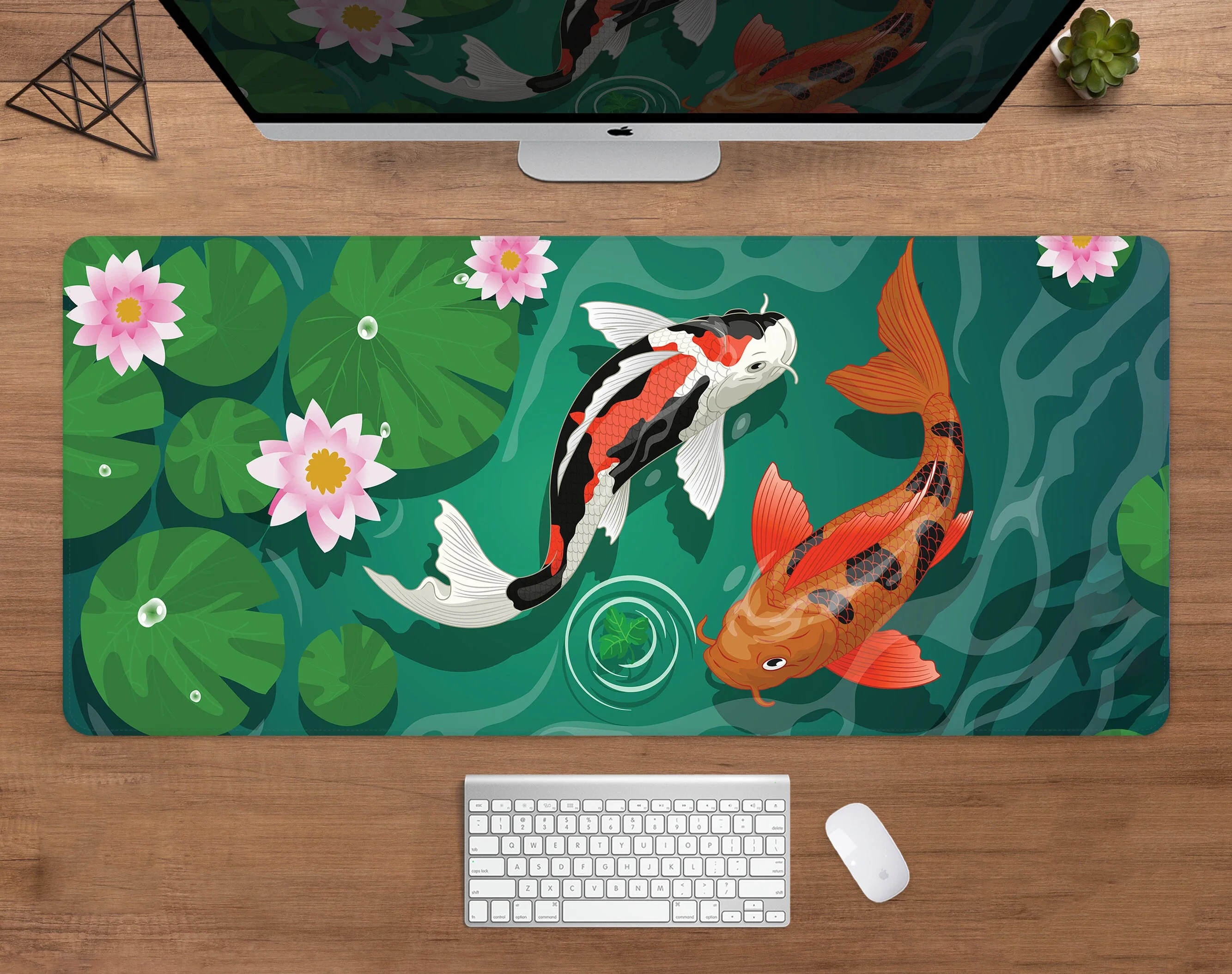 

Koi Fish Desk Mat Japanese Mousepad Green Oriental Pond Asia Lotus Flowers And Leaves Large Wide Gaming Deskmat Anime Mouse Pad