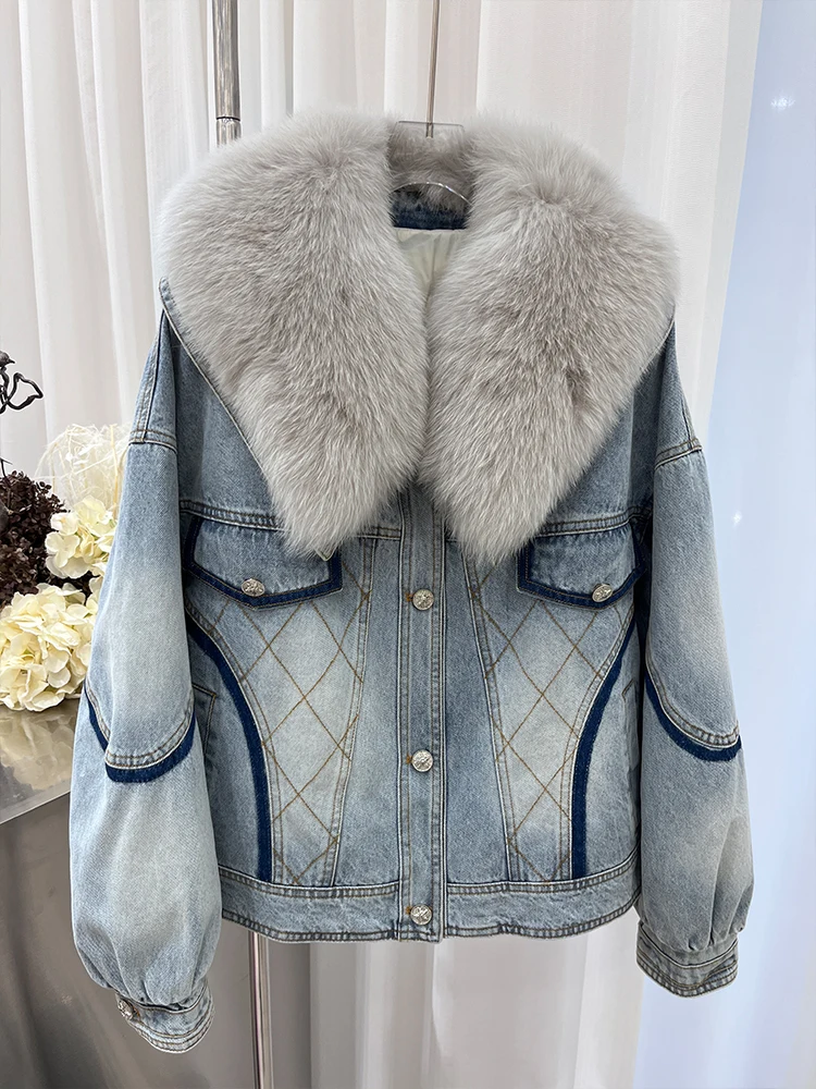 New Women's Winter Denim Jacket Real Natural Fox Fur Collar Coats Goose Down Jacket Luxury Female Outwear Free Shipping