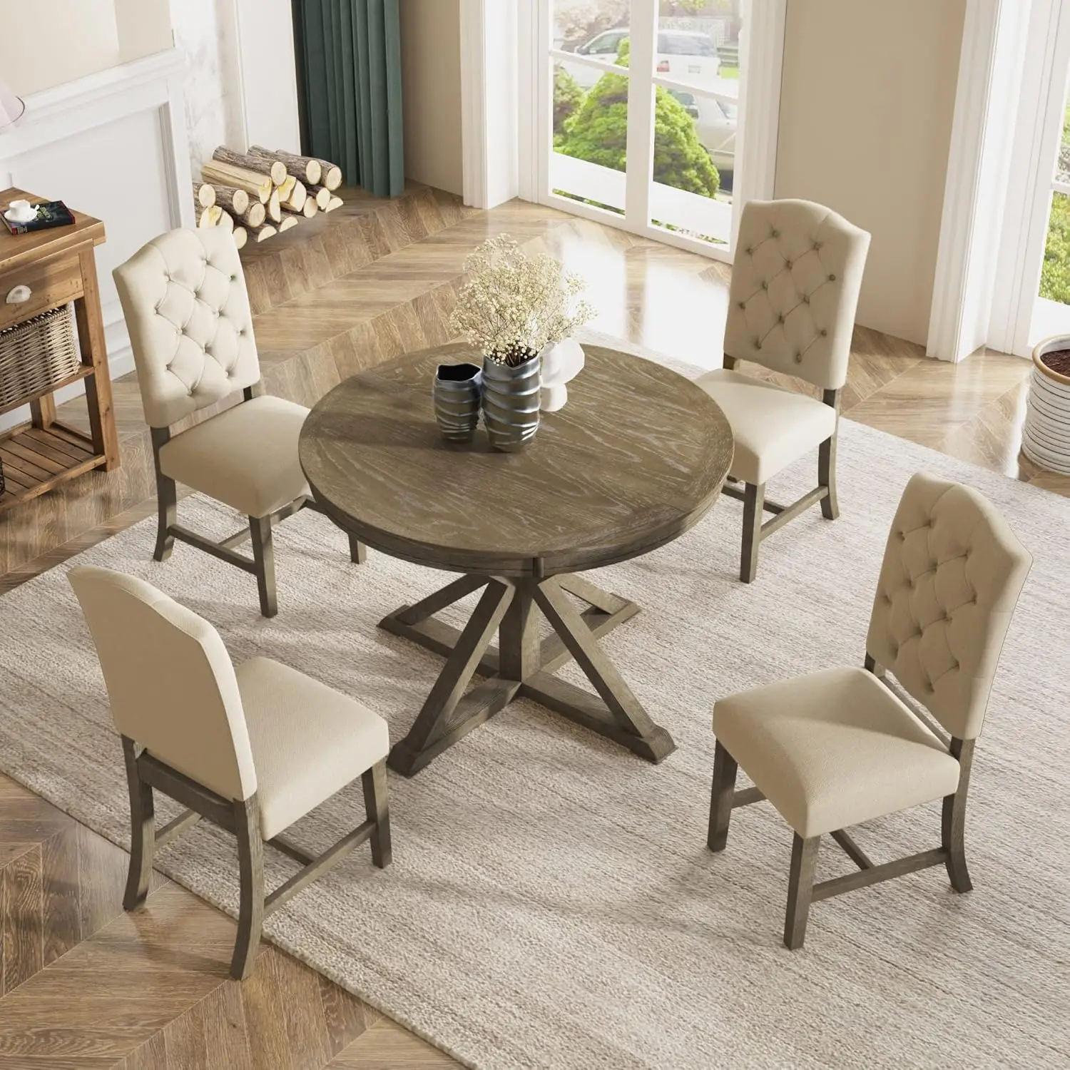 P PURLOVE Retro Style 5-Piece Round Dining Table Set for 4, Extendable Table with 4 Upholstered Chairs for Dining Room