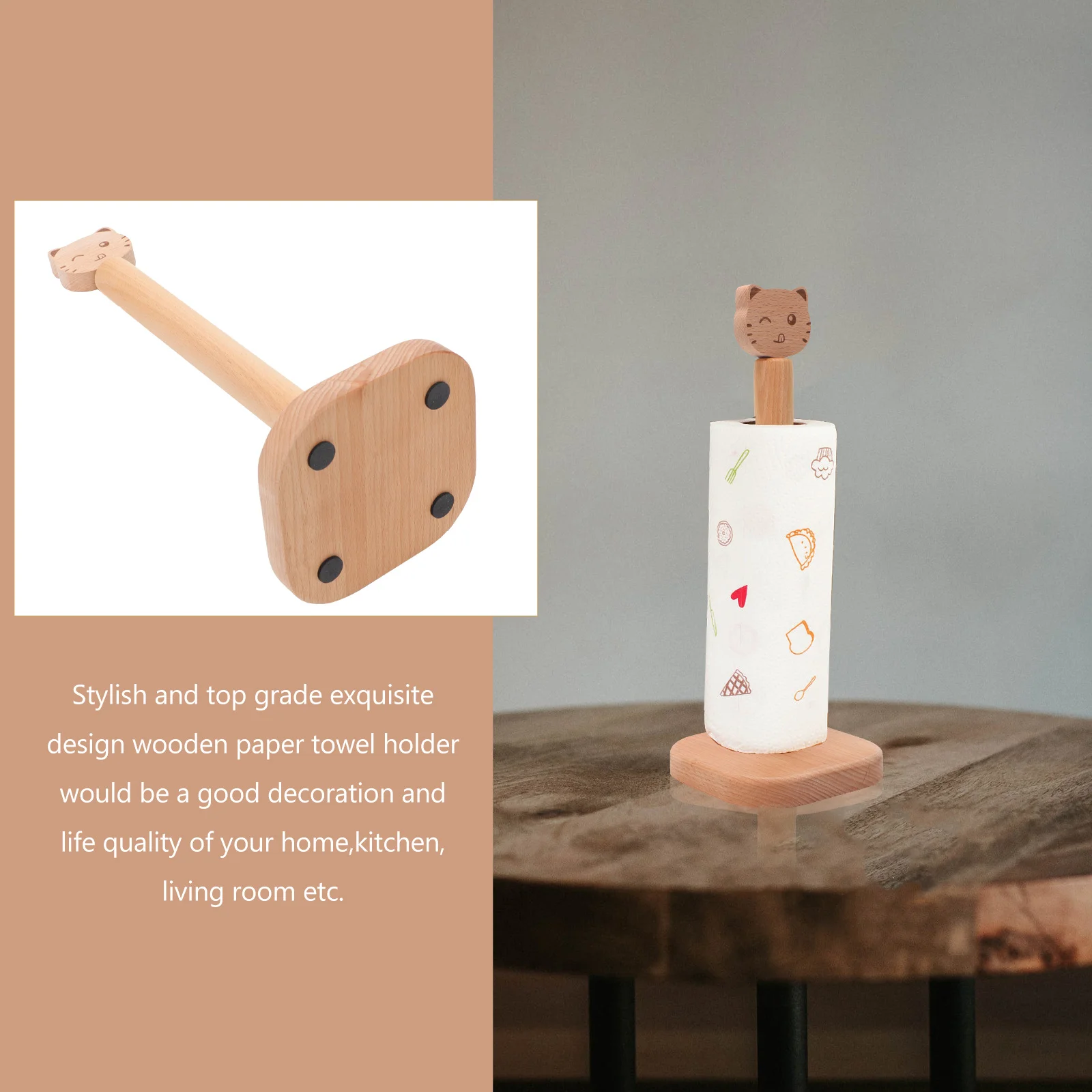 

1Pcs Wooden Paper Towel Holder Natural Sturdy Kitchen Roll Holder Weighted Base Upright Tissue Rack Practical Household Supply