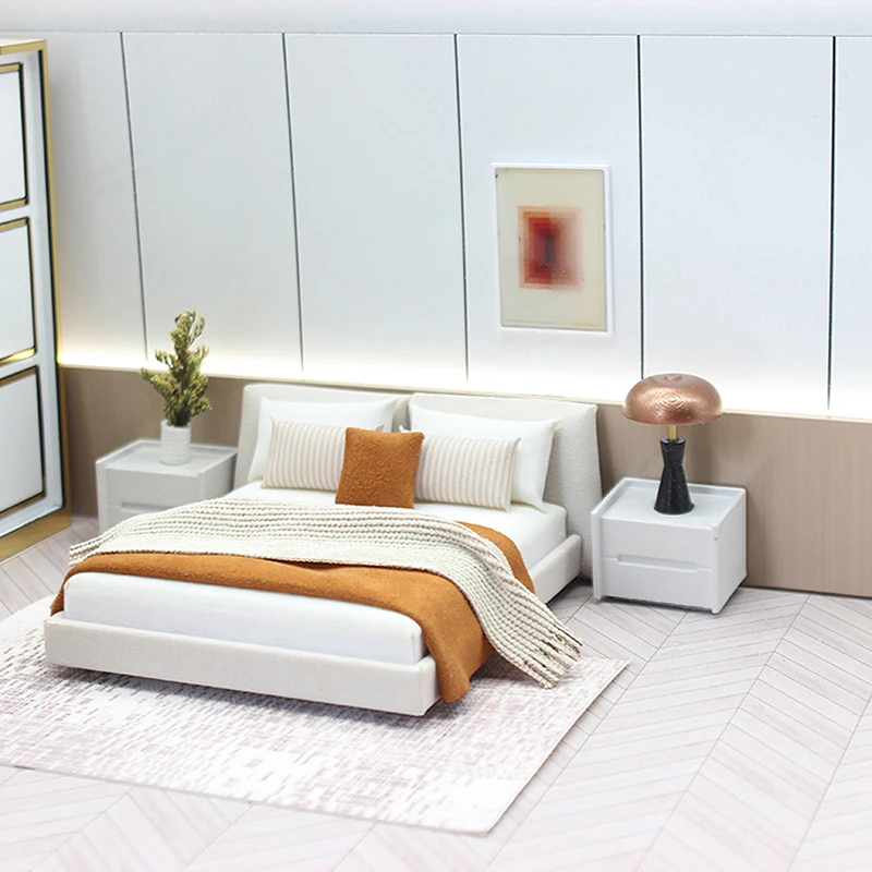 

Dollhouse New Cream Style Double Bed Model Micro Scene Model Miniature Furniture Dolls Accessory Simulated Furniture Ornament