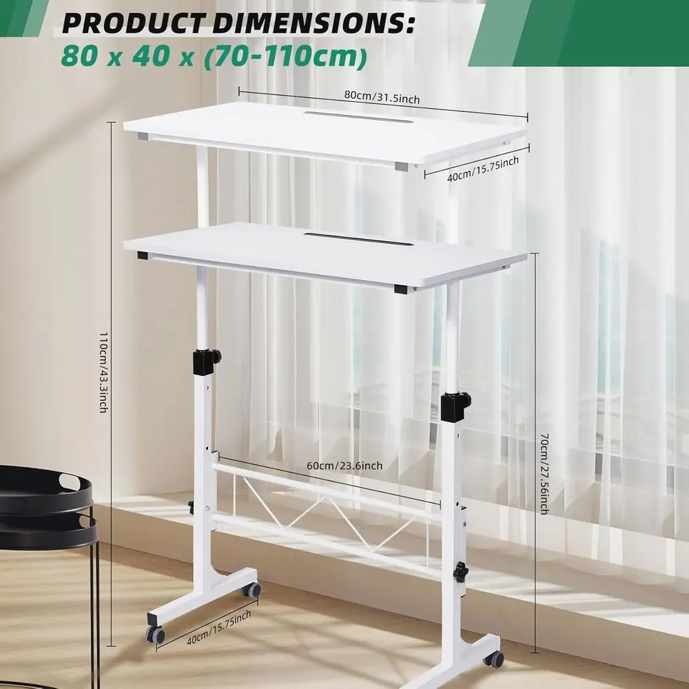 Portable Rolling Laptop Desk with Adjustable Height for Treadmill and Sit-Stand Use in White