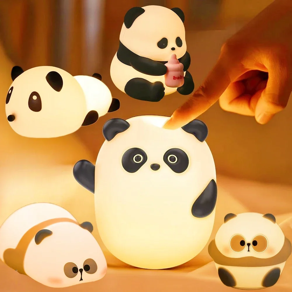 Cute Panda Lamp Bedside Table LED Night Light Silicone USB Rechargeable Timing  Lamps Room Decor Child Nightlight Christmas Gift