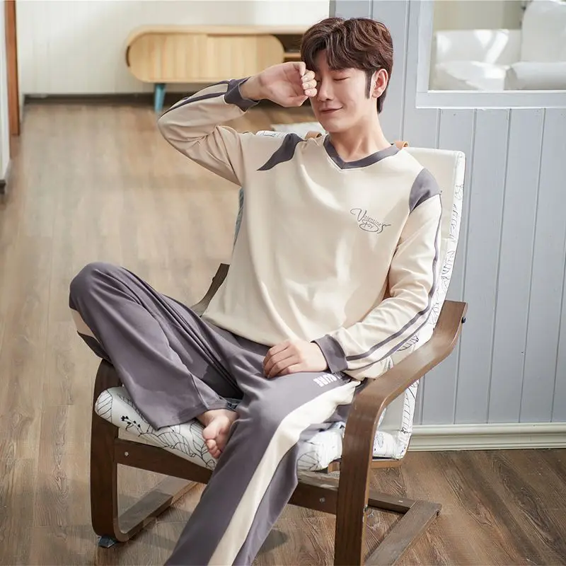 2026 Autumn Long Sleeve Casual Striped 100% Cotton Pajama Sets for Men Korean Loose Sleepwear Pyjamas Male Homewear Home Clothes