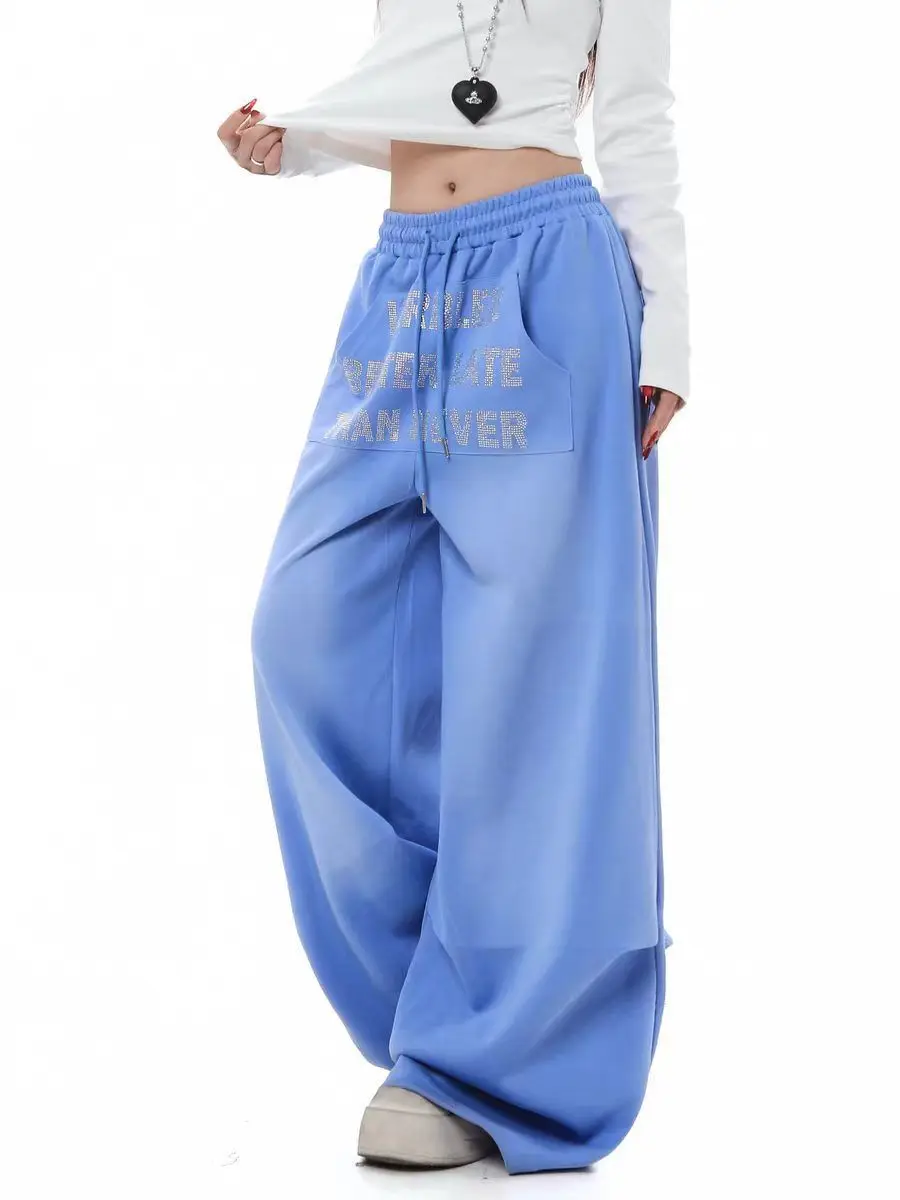 Women's Vintage Letter Print Blue Hip-hop Wide Legs Sweatpants High Waisted Trousers Summer Bottoms Female Unisex Sports Pants
