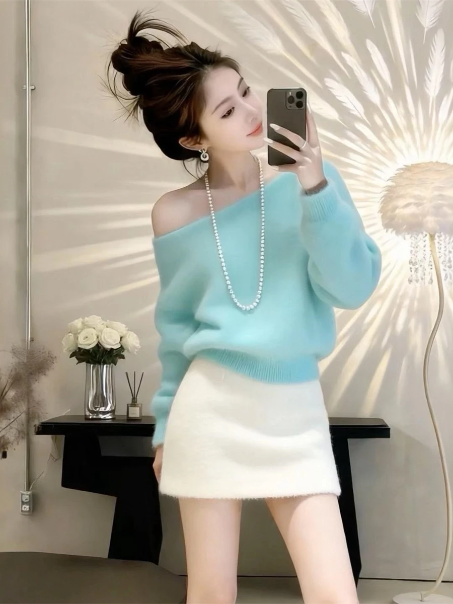 

Unique Beautiful Soft Style Fake Mink Sweater Women's Winter New One Shoulder Top French Style Loose Fit Soft Long Sleeve